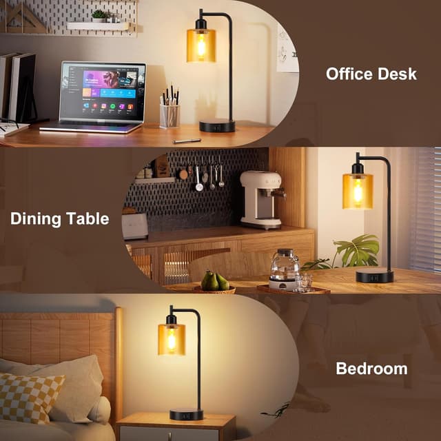 Thumbnail 6 de Aooshine industrial table lamps with amber glass shade (2-pack, touch dimmable, USB ports, bulbs included)