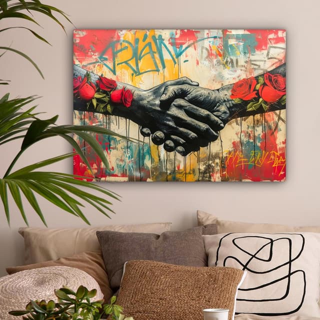 Detalle de MuchoWow© Impression sur toile 80x60 cm décoration murale Roses, mains & street art