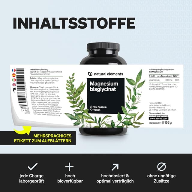 Thumbnail 5 de natural elements Magnesiumbisglycinat 300 mg Magnesium Kapseln