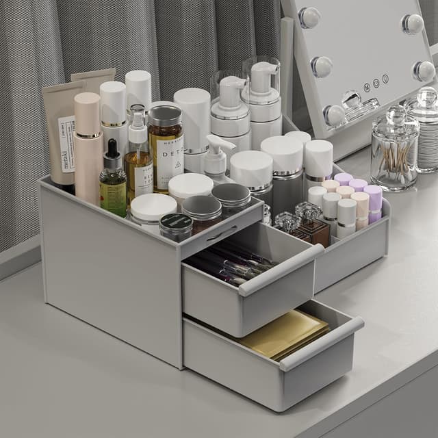 Detalle de DancesCat Make-up Kosmetik Organizer mit Schubladen – Aufbewahrungsbox für Schminktisch & Badezimmer (Grau)