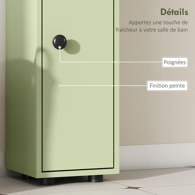 Detalle de Kleankin meuble colonne salle de bain fine avec 4 étagères réglables, 1 tiroir et 2 placards 20 x 20 x 180 cm (vert)