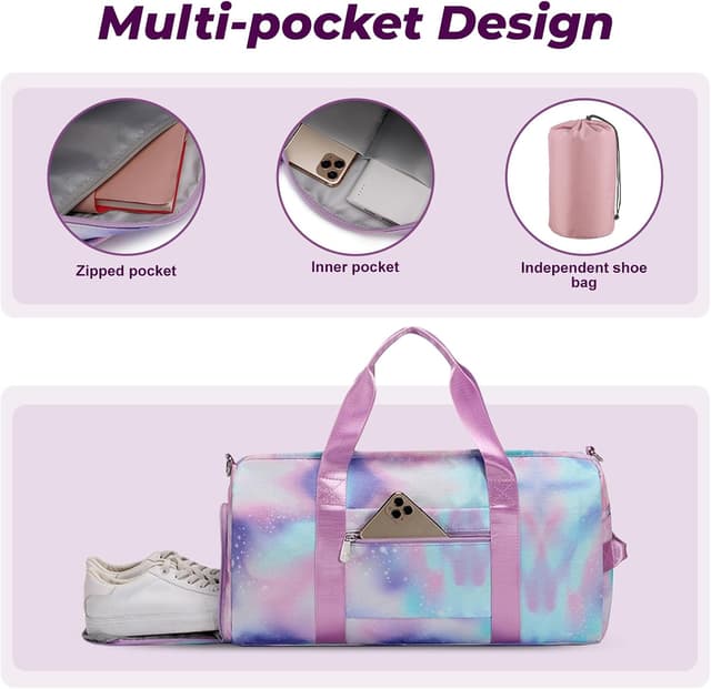 Detalle de Flintronic Sporttasche für Mädchen & Damen – kleine Schwimmtasche mit Nassfach und Schuhfach, lila