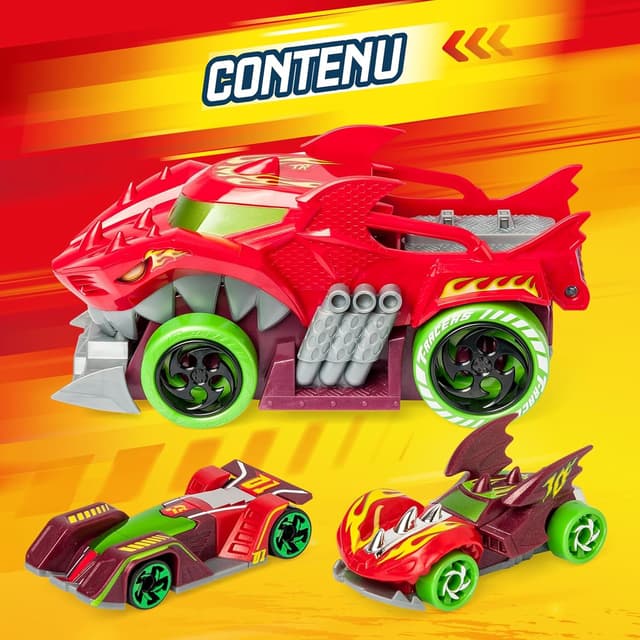 Detalle de T-Racers Mix’N Race Lanceur Squad Dragon – un camion lanceur transformable avec 2 véhicules exclusifs