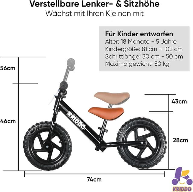 Detalle de KRIDDO Kinder Laufrad ab 2 Jahren mit 12-Zoll und individualisierbarem Schild