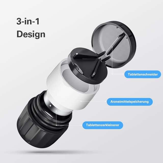 Detalle 2 de 3-in-1 Tablettenmörser mit Tablettenschneider und Tablettenfach – Tabletten Zerkleinern, Teilen & Aufbewahren