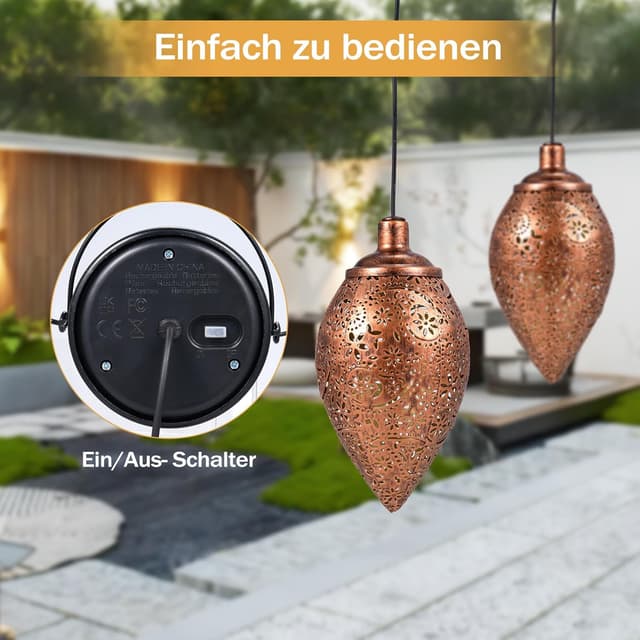 Detalle de Görvitor Solarlaterne für Außen (Olivenform) – 2er-Set, Metall, warmweiß, wasserdicht IP65