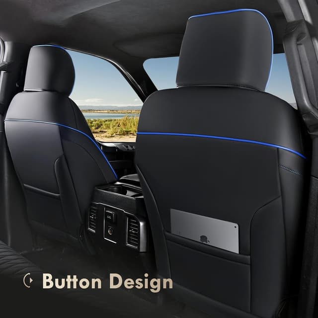 Detalle de Coverado Leather Ford F-150 / F-250 / F-350 Seat Covers Full Set (Blue line) — Waterproof, Custom Fit for 2015-2026 Crew Cab