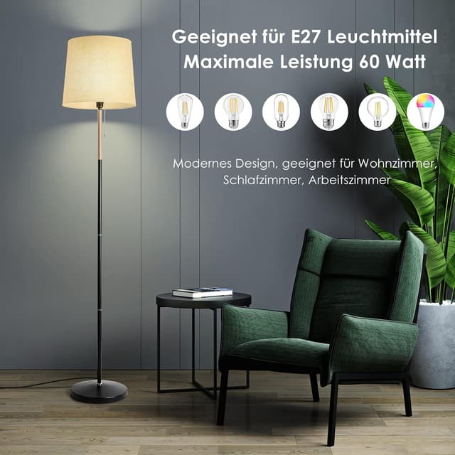 Detalle 2 de Lampada da terra/pian tana con paralume in tessuto e attacco E27 (H 170 cm) per salotto e ufficio