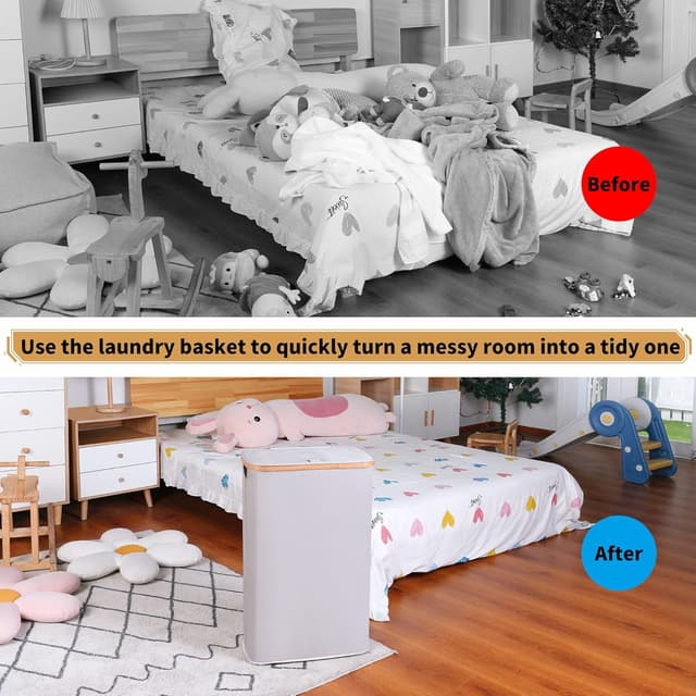 Detalle 2 de iEGrow 65L Slim Washing Basket with Removable Inner Bag, Bamboo Handle and Lid (Light Grey)