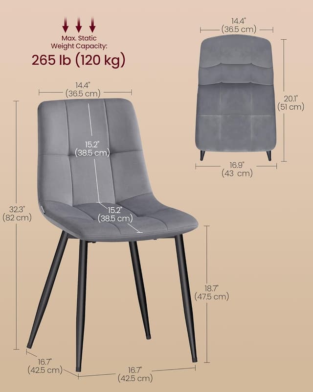 Detalle de VASAGLE Velvet Dining Chairs (KDC080GN02) – Upholstered kitchen chairs, set of 4, slate grey