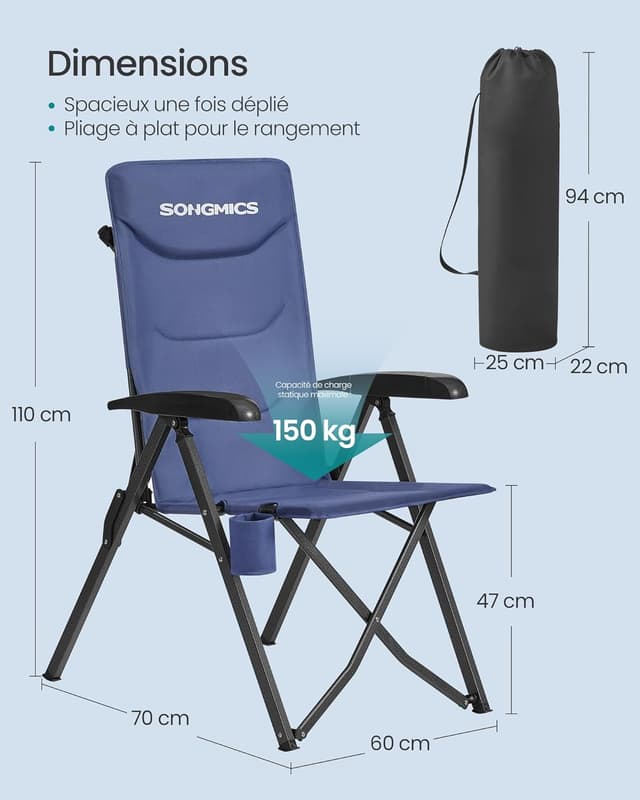 Detalle de SONGMICS Chaise de camping pliable bleue GCB015QZ01 avec dossier inclinable 95°–150°