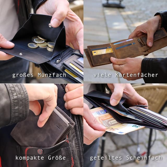 Detalle de LEDEROW Herren-Geldbörse aus Leder Hunter Braun (Querformat) – RFID/NFC-Schutz, mit Münzfach & Geschenkbox