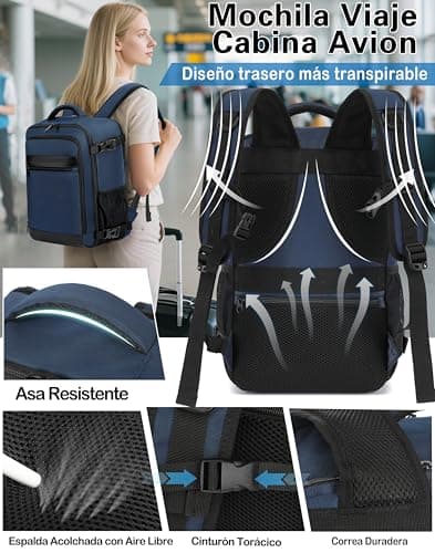 Detalle de KLOSTAIN Mochila de cabina de avión 45x36x20 cm y 30 L para portátil de 15,6" (azul oscuro)