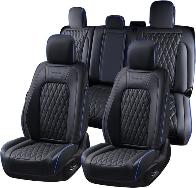 Detalle de Coverado Leather Ford F-150 / F-250 / F-350 Seat Covers Full Set (Blue line) — Waterproof, Custom Fit for 2015-2026 Crew Cab