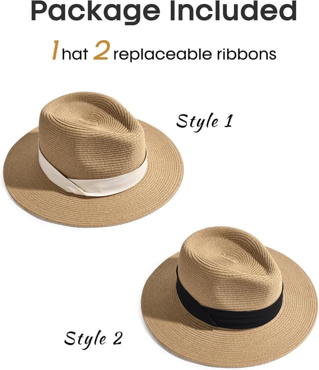 Detalle 2 de FURTALK Wide Brim Panama Hat Fedora Straw Sun Hat (UPF 80+)
