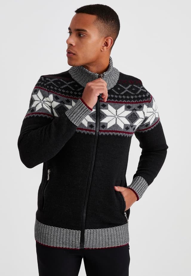 Detalle de Leif Nelson cardigan en tricot zippé pour homme à col montant, style norvégien