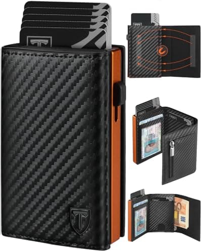 Detalle de TEEHON Carteras para Hombre con bloqueo RFID magnético y tarjetero de fibra de carbono (con monedero y ventana para ID)