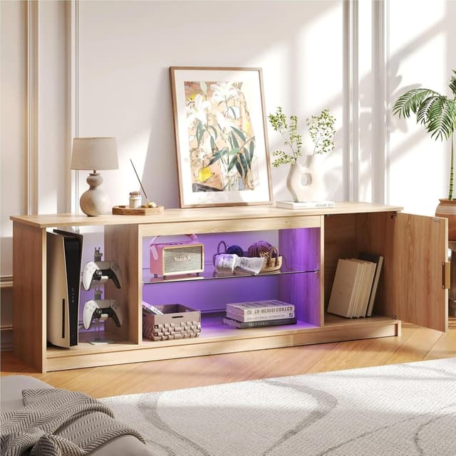 Detalle de Bestier Mobile TV per TV fino a 65 pollici con centro gaming, ripiani in vetro regolabili e luci LED (Rovere Naturale)