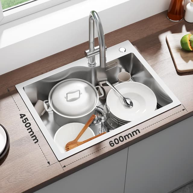 Detalle 2 de ANYCEE Lavello in acciaio inox 60 x 45 cm, 1 vasca con foro rubinetto e cestello