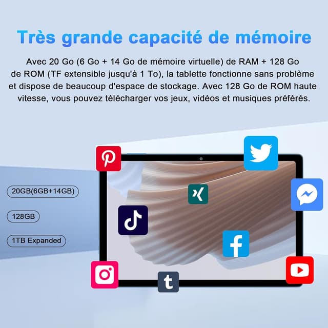 Detalle de Tablette 10 pouces Android 2026 Octa Core 20Go RAM + 128Go ROM (ext. TF) 5G Wi‑Fi FHD avec étui, clavier et souris