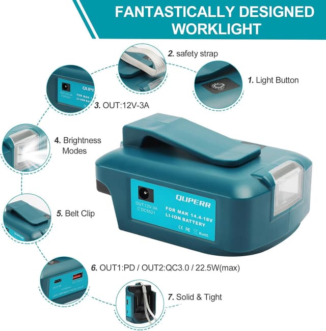 Detalle 2 de QUPERR Adp05 battery adapter for Makita 14.4V/18V USB power pack 🔌