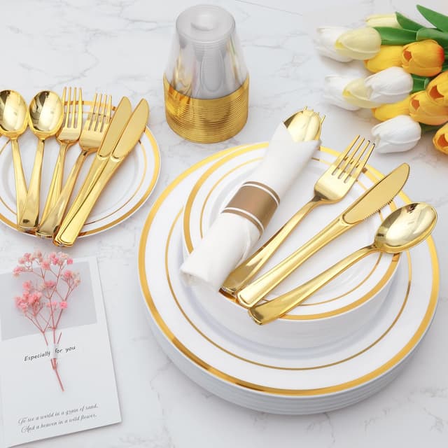 Thumbnail 4 de Goodluck 350 Piece Gold Dinnerware Set for 50 Guests 🍽