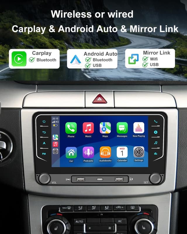 Detalle de ESSGOO 4+64G Android 15 Wireless CarPlay & Android Auto 2-DIN 7-inch Car Stereo for VW Golf, Polo, Caddy & more