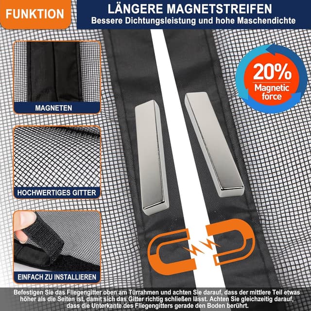 Detalle 2 de DIKER Fliegengitter Balkontür Magnet (90x210 cm) – flammhemmendes Insektenschutz-Gitter ohne Bohren, schwarz