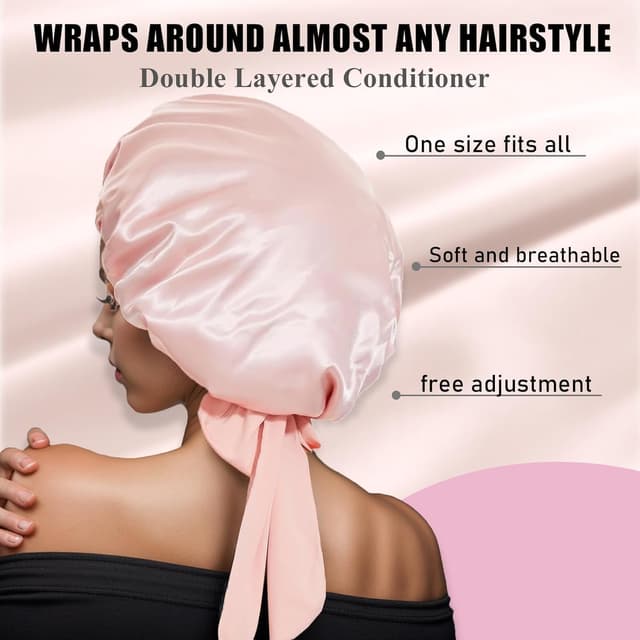 Detalle de GUGUGO Seidenhaube zum Schlafen (Satin/Silk Bonnet) verstellbar – Sakura Rosa