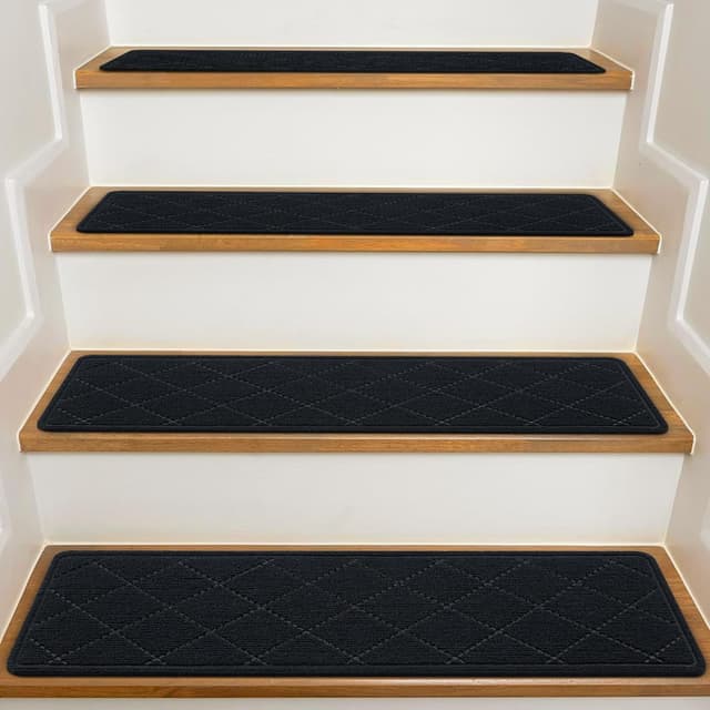 Detalle de KOOTETA Indoor Stair Treads (15-Pack) for Wooden Steps, 8" x 30" Non-Slip Carpet Rugs with Reusable Adhesive, Black