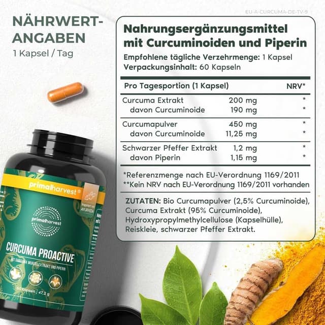 Detalle de Primal Harvest Curcuma Proactiv – 60 Kapseln mit 95% Curcuminoiden & BioPerine, vegan, laborgeprüft