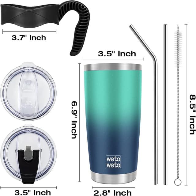 Detalle de WETOWETO 20oz Insulated Stainless Steel Tumbler with 2 Lids and 2 Straws (Vacuum Leak-Proof Travel Mug, Green-Blue Gradient)
