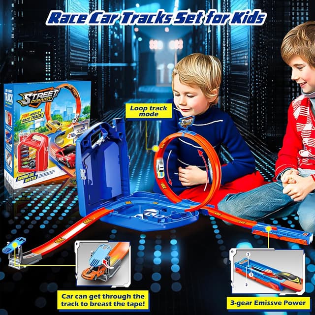 Detalle de Race Track Toy Car Set with 2 Race Cars and 2-in-1 Transformable Tracks (Blue) with Storage Box