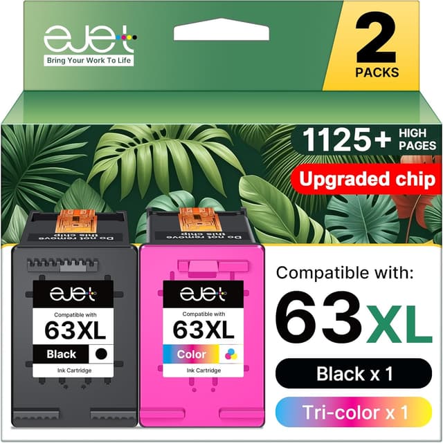 Detalle de ejet 63XL Ink Cartridge Combo Pack (63XL Black + 63XL Tri-Color) for select HP OfficeJet, Envy, and DeskJet models