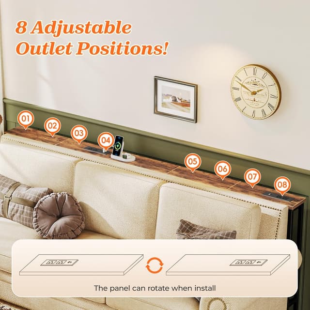 Detalle de SUPERJARE 79 Inch Sofa Table with 2 Power Outlets, USB-C Ports & Narrow Storage Console (Rustic Brown)