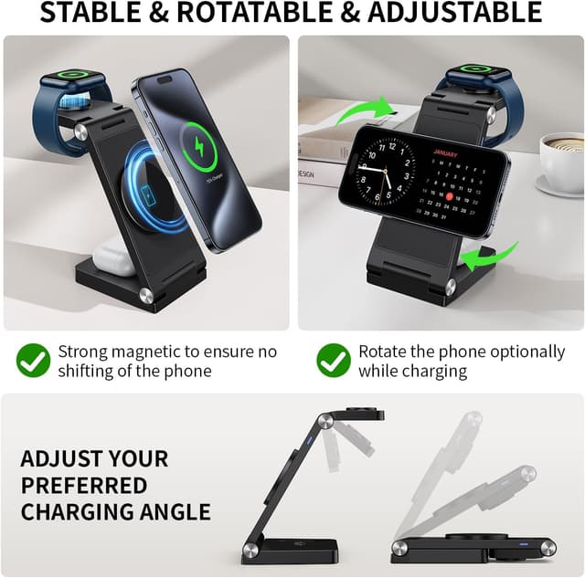 Detalle de 2026 Traveling Wireless Mag-Safe Fast Charging Station (3-in-1 Foldable) for iPhone, Apple Watch & AirPods