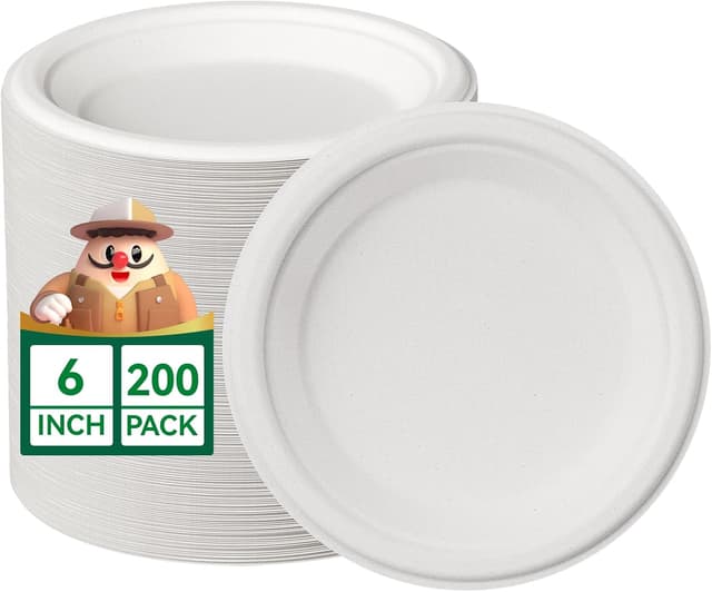 Detalle de JOLLY CHEF 100% Compostable Small Paper Plates (200 Pack, 6-Inch Heavy-Duty Dessert Plates)