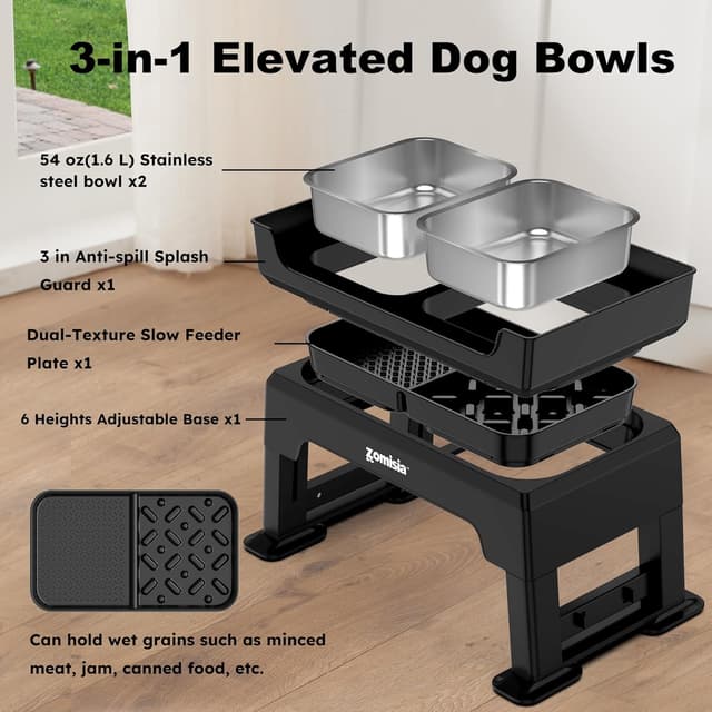 Thumbnail 6 de ZOMISIA Hundenapf erhöht 6-fach höhenverstellbar (3-in-1) mit Slow-Feeder und 2 Edelstahlschalen, 1,6 l