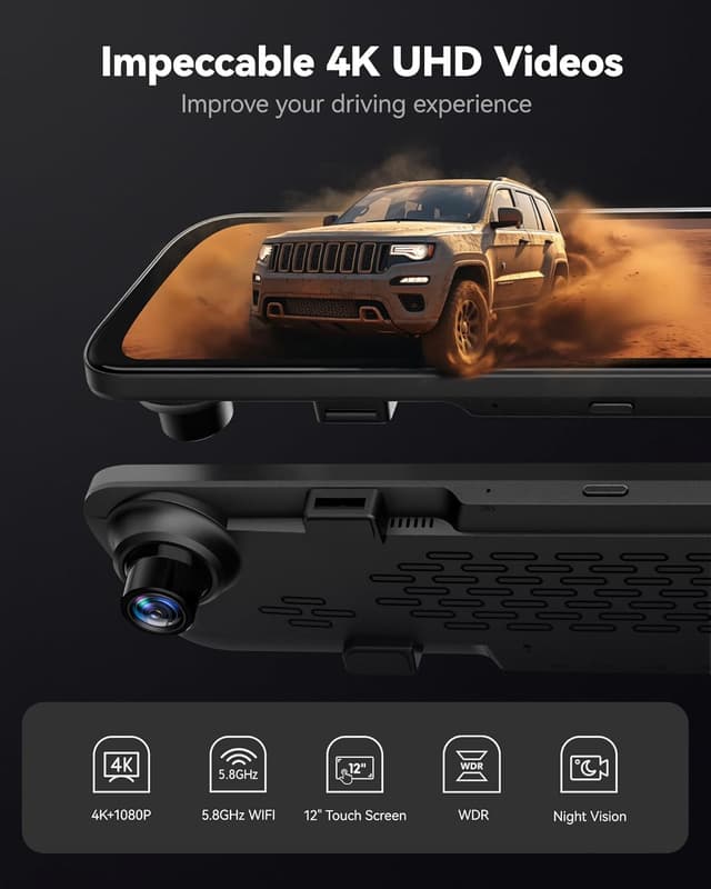 Detalle de WOLFBOX G840S 12" Spiegel-Dashcam mit 4K & Rückfahrkamera (5,8‑GHz WiFi) und GPS