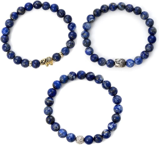 Detalle de BERGERLIN Buddha Armband mit echtem Naturstein (lapislazuli) – Naturstein geprüft in Deutschland