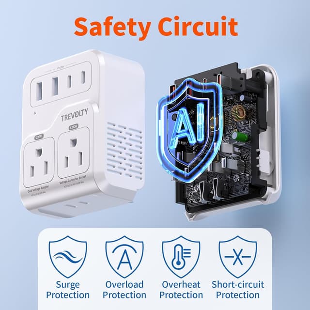 Detalle 2 de TREVOLTY 2000W Voltage Converter (US to Europe) — 7-in-1 220V to 110V Travel Adapter with PD20W USB-C/USB Ports