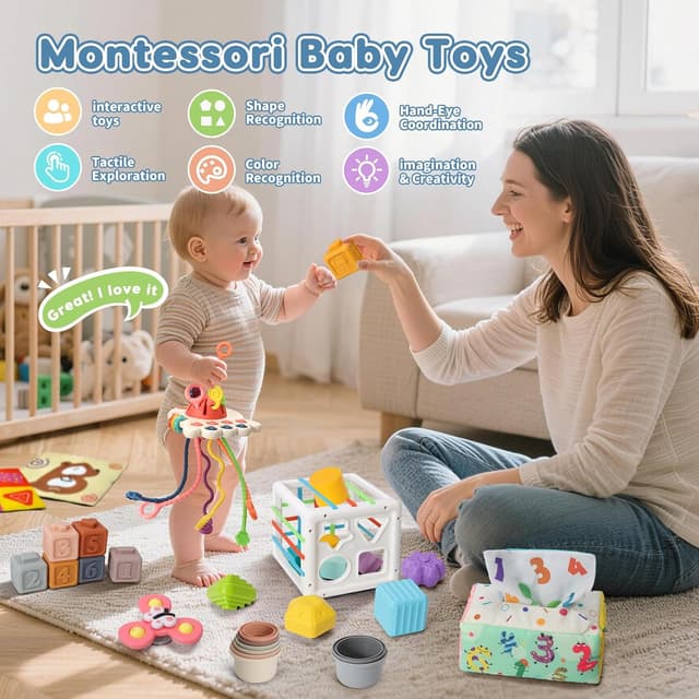 Detalle de EPOGG 6-in-1 Montessori Baby Toys Set (6–12 Months Up) with Pull String, Stacking Cups, Tissue Box & More