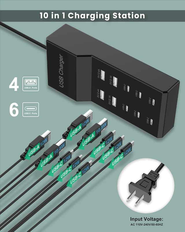 Thumbnail 1 de USB C Charger Block 50W 10-Port Charging Station ๐
