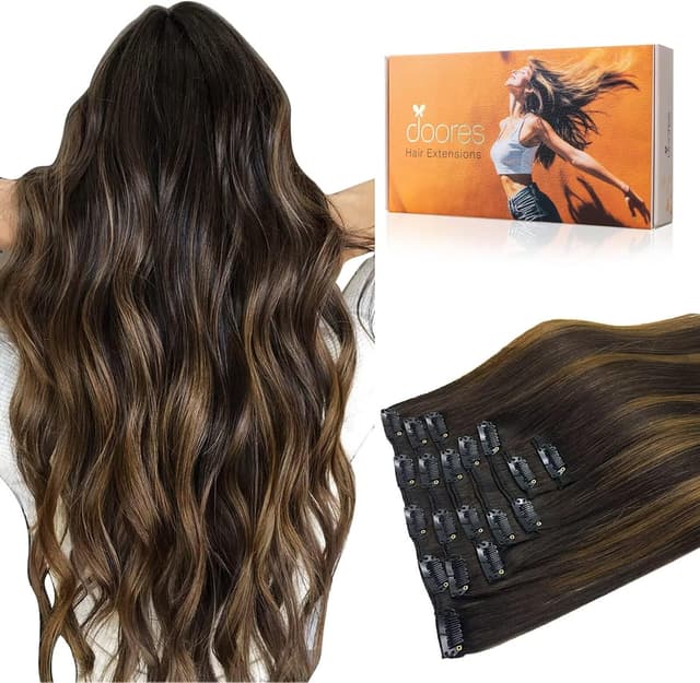 Detalle de DOORES Extension di capelli veri con clip, balayage scuro a castano, 30,5 cm, 7 pezzi (80 g) — capelli lisci naturali