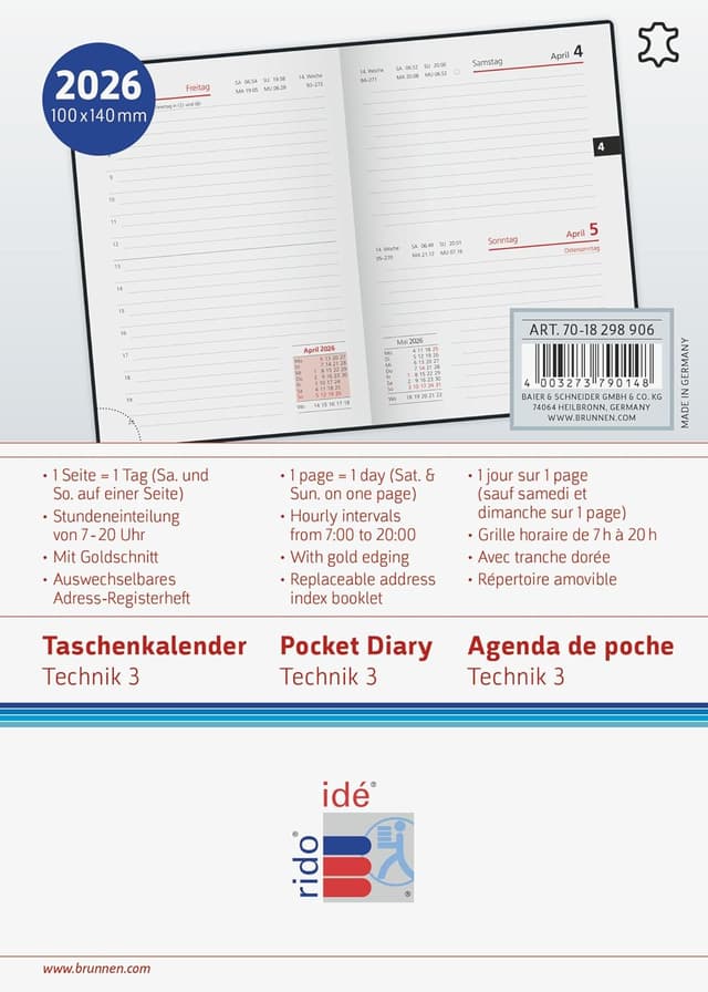 Detalle 2 de rido/idé Taschenkalender Mod. Technik III '26 A6 Leder schwarz