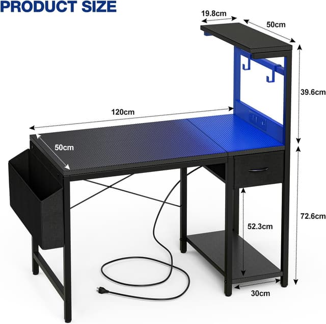 Detalle de Grandder Tavolo da gioco 120x50 cm con LED, prese e porta in fibra di carbonio