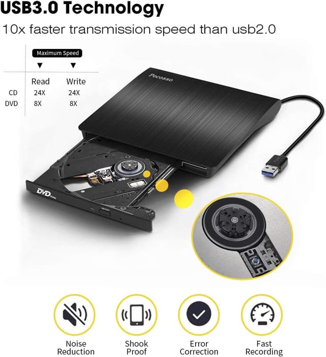 Detalle 2 de Pecosso Externe CD/DVD Laufwerk USB 3.0 đź’˝