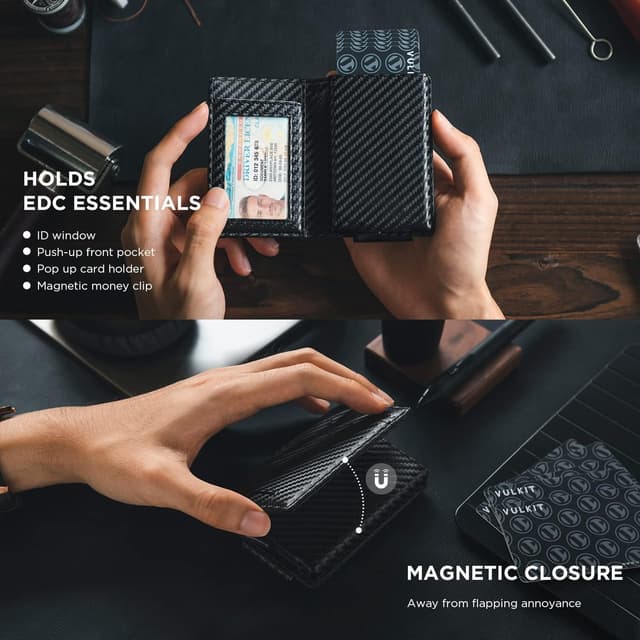 Detalle de VULKIT leather credit card holder with money clip and RFID blocking, magnetic closure