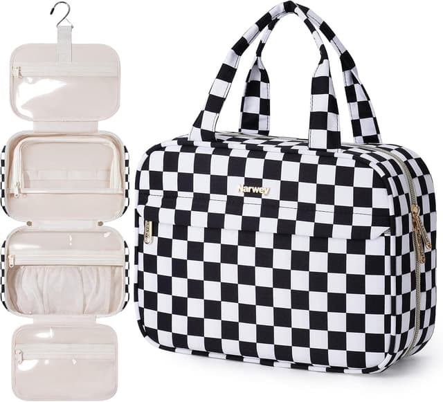 Detalle de Narwey Hanging Toiletry Bag (Large) with Compartments – Black Checkerboard Travel Wash Bag