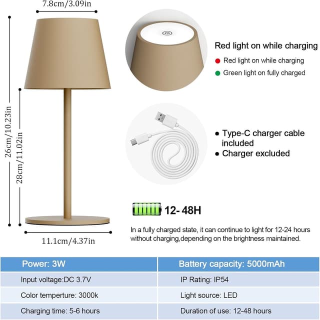 Detalle de Lundwa dimmbare LED Akku-Tischleuchte 26 cm mit 5.000-mAh-Akku (IP54, 3 W, 3000 K) – Khaki, 1 Stück